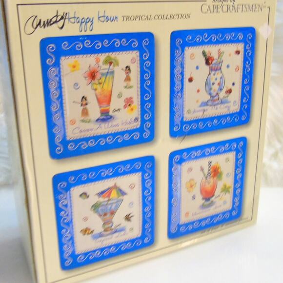 Set (4) ORMSBY Happy Hour TROPICAL PLATES Ceramic Hawaii Jamaica Hurricane Drink - Picture 2 of 10